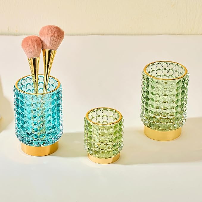 Makeup Brush Holder Organizer,Toothbrush Holders,Desk Pen Pencil Holder,Multifunctional Vintage Glass Brush Cup(A38-10-US/Turquoise/L)