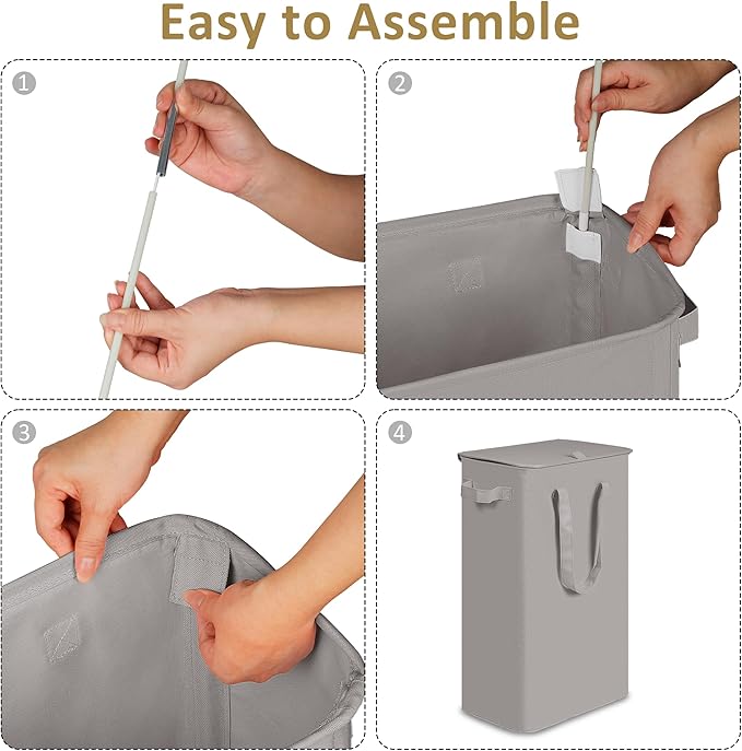 efluky Slim Laundry Basket with Lid, Narrow Laundry Hamper with Handles, Collapsible Dirty Clothes Hamper, Tall Laundry Bin for Laundry Room, Dorm and Bedroom, 55L Grey