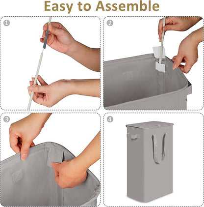 efluky Slim Laundry Basket with Lid, Narrow Laundry Hamper with Handles, Collapsible Dirty Clothes Hamper, Tall Laundry Bin for Laundry Room, Dorm and Bedroom, 55L Grey