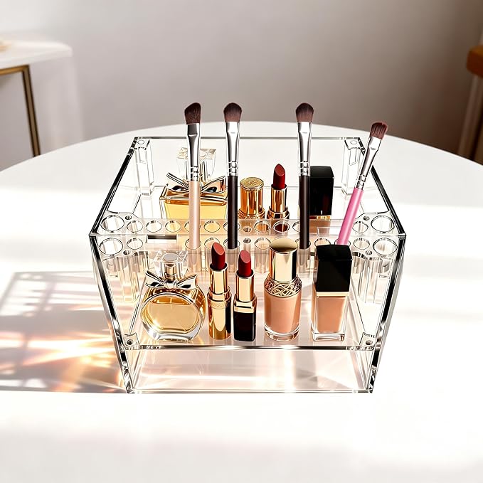 Makeup Tray Organizer Makeup Organizer Box Cosmetic Display Case Cosmetic Storage for Dresser Countertop,Bathroom Vanity,Office Desk,Washable Crystal Clear Acrylic