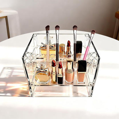 Makeup Tray Organizer Makeup Organizer Box Cosmetic Display Case Cosmetic Storage for Dresser Countertop,Bathroom Vanity,Office Desk,Washable Crystal Clear Acrylic
