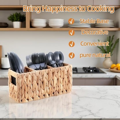 Wicker Party Silverware Caddy, Small Water Hyacinth Plastic Cutlery Utensil Holder, Hand Woven with Handles, Kitchen Countertop and Picnic flatware Organizer