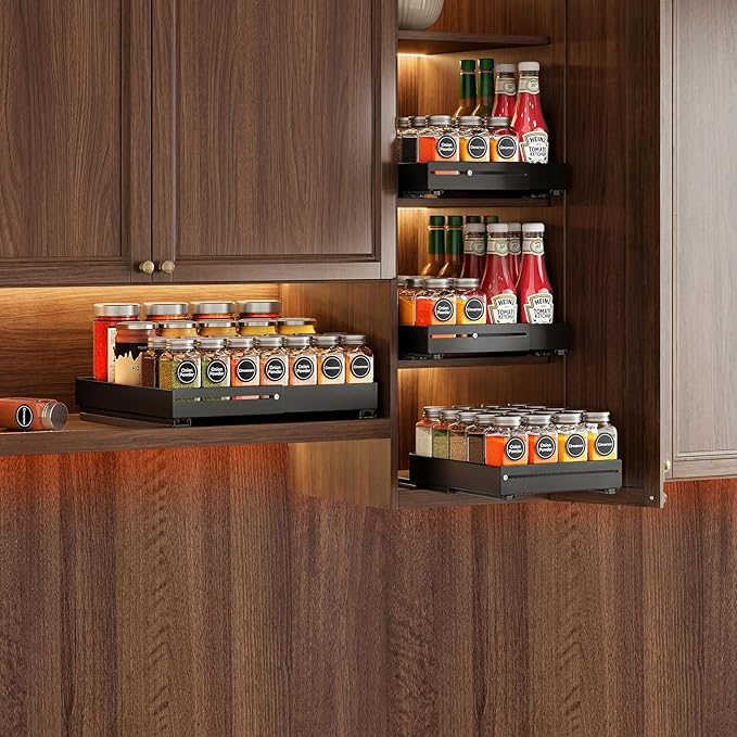 SNTD Pull Out Spice Rack for Upper Cabinet - Expandable Organizer with Smooth Ball Bearing Slides, No Drill Mounting Spice Storage for Kitchen (1 Pack, 7.2" to 12.9" W X 10" D X 2.2" H)