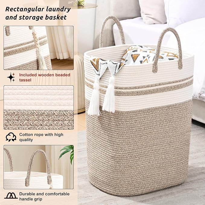 Woven Laundry Basket for Clothes, 65L Large Rectangle Laundry Hampers, Nursery Storage Basket for Toys, Tall Dirty Clothes Hamper for Bedroom Aesthetic, Bathroom, Laundry Room