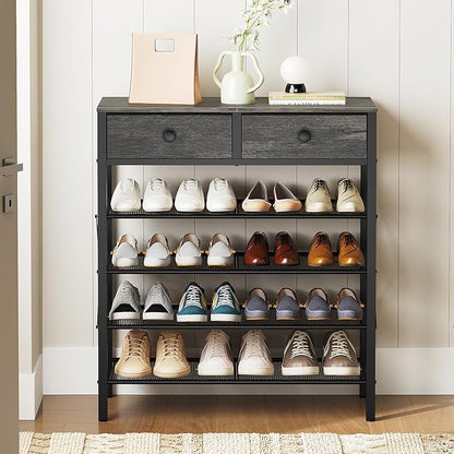 YATINEY 5 Tier Shoe Rack, Large Capacity Shoe Storage Organizer, Metal Shoe Shelf with Drawer and Wooden Top, for 20 Pairs of Shoes, for Entryway, Closet, Charcoal and Black SS25BCY1