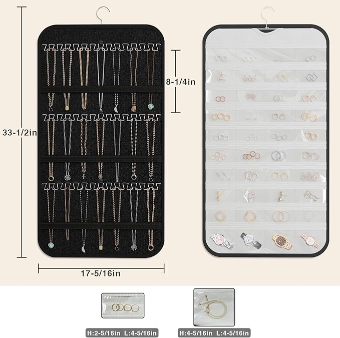 Hanging Jewelry Organizer Storage, 40 Pockets 36 Hooks Necklace Earring Bracelet Ring Organizer, Double - Sided Design, Black and White