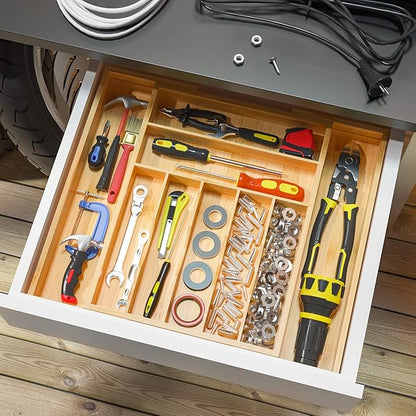 Utensil Organizer Silverware Tray For Drawer - Expandable Silverware Organizer Bamboo Flatware Organizer for Kitchen Utensils and Cutlery, Living Room Storage Box W13.5"-19.9" x L17.6" (Yellow)
