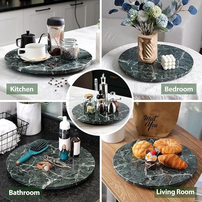 Marble Lazy Susan, 16 in Turntable Organizer for Cabinet Pantry Kitchen Countertop Fridge Bathroom Makeup Vanity Countertop, Detachable Organizer (Indian Green)