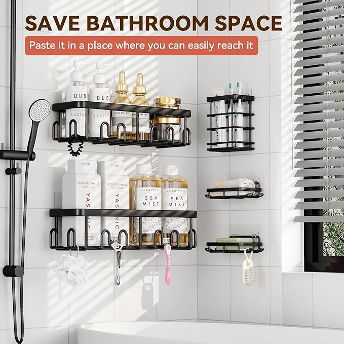 YASONIC Shower Caddy Adhesive 5-Pack, Rustproof Shower Shelves with 24 Hooks, No Drilling Shower Shelf for Inside Shower, Large Capacity Bathroom Organizers and Storage for Dorms & Renters, Black