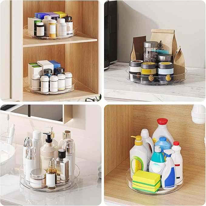 4 Pack 10 Inch Clear Lazy Susan Turntable Organizer for Cabinet, Non-Slip Acrylic Rotating Tray with Raised Edge, Spinning Spice Rack for Kitchen Pantry, Refrigerator, Vanity, Bathroom