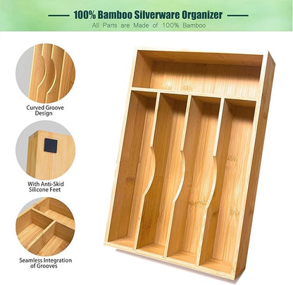 guiogc Bamboo Kitchen Drawer Silverware Organizer, 9 Inch Silverware Utensils Tray Holder for Small Drawer, Cutlery Tray, Wood Caddy for Flatware Cutlery Knives 5-Slots