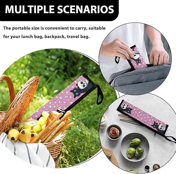 COEQINE Gothic Portable Utensils Case Pink Skull Themes Couple Skull Black Cats Utensil Holder Leaf Proof Fit 11.8 x 2.7 for Travel Picnic Outdoor Halloween Decor