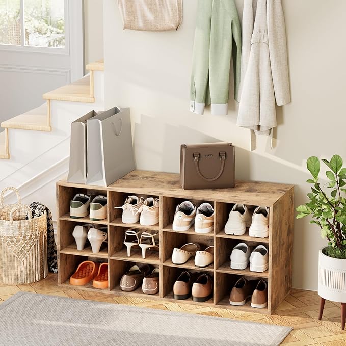 Aenuert 12-Cubby Shoe Rack, 3-Tier Wood Shoe Organizer, Multifunctional Shoe Organizer Bench for Entryway, Mudroom, Hallway, Closet,36.22 * 11.81 * 17.72 Inch,Brown