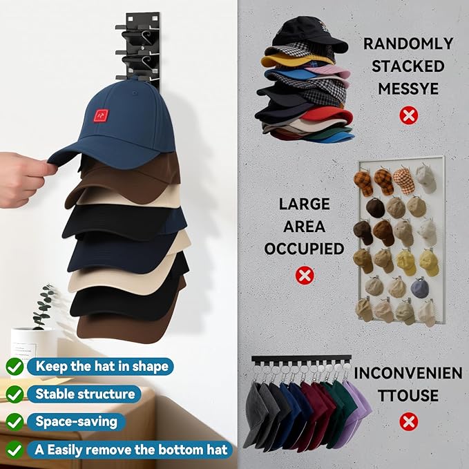 4 Pack Hat Organizer for Baseball Caps, Hat Organizer for Wall Hold up to 36 Hats, Wall-Mounted Hat Display Stand, Hat Rack, Baseball Hat Organizer, Black