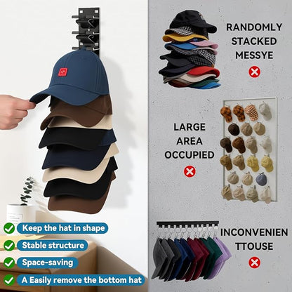 4 Pack Hat Organizer for Baseball Caps, Hat Organizer for Wall Hold up to 36 Hats, Wall-Mounted Hat Display Stand, Hat Rack, Baseball Hat Organizer, Black