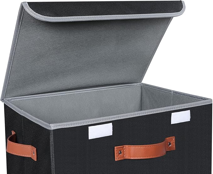 Univivi Heavy Duty Fabric Storage Bins with Lid, Large 17" 10 Gallon Stackable Storage Cube with Leather Handles, Decorative Storage Boxes with Lids for Bedroom, Closet, Nursery, Office, 3-Pack(Black)