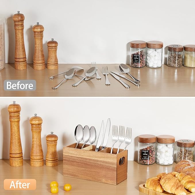 VIVIRBIEN Acacia Wooden Silverware Holder, Kitchen Utensil Caddy with 3 Compartments, Cutlery Storage Organizer Countertop, Flatware Organizer for Party, Spoon, Fork Holder