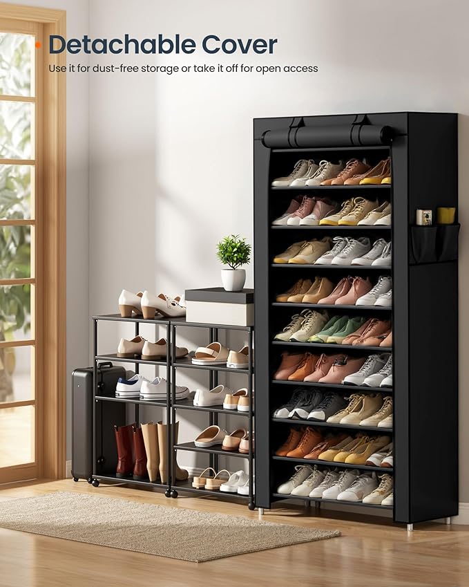 SONGMICS Home Shoe Rack 10-Tier, Tall Narrow Metal Shoe Organizer with Dust Cover, 11.2 x 33.3 x 63.2 Inches, Vertical Storage Cabinet for Closet Entryway, Black