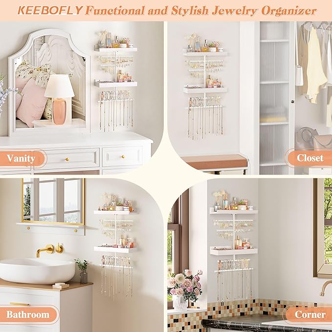 Keebofly Wall Mounted Jewelry Organizer with 2 Tired Shelves & Ring Holder- Jewelry Holder Wall Storage Display for Earrings, Necklace, Bracelet, Hair Accessories for girls in Bathroom Bedroom, White