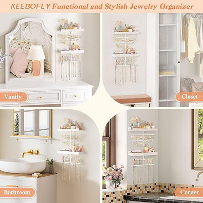 Keebofly Wall Mounted Jewelry Organizer with 2 Tired Shelves & Ring Holder- Jewelry Holder Wall Storage Display for Earrings, Necklace, Bracelet, Hair Accessories for girls in Bathroom Bedroom, White