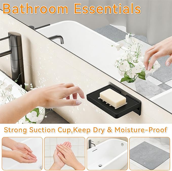 SUOXING 2 Pack Bar Soap Holder for Shower Wall,Self Draining Adhesive Soap Holder,Rustproof Wall Mounted Acrylic Shower Soap Rack & Caddy for Bathroom,Bath,Kitchen,No Drilling PlasticSoap Shelf,Black