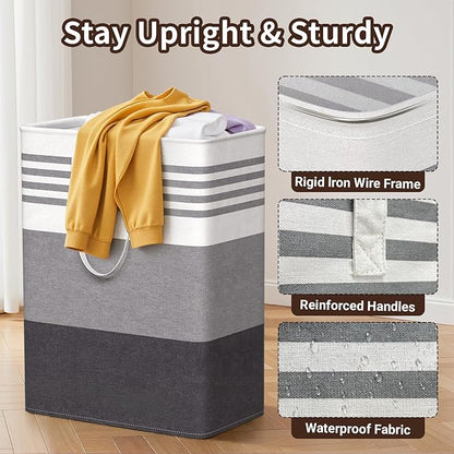 WOWBOX 2 Pack Laundry Baskets, Laundry Hampers, Freestanding Dirty Clothes Hampers with Reinforced Handles & Cross Stitch & Waterproof Coating, for Laundry Bedroom Bathroom Dorm,125L Grey