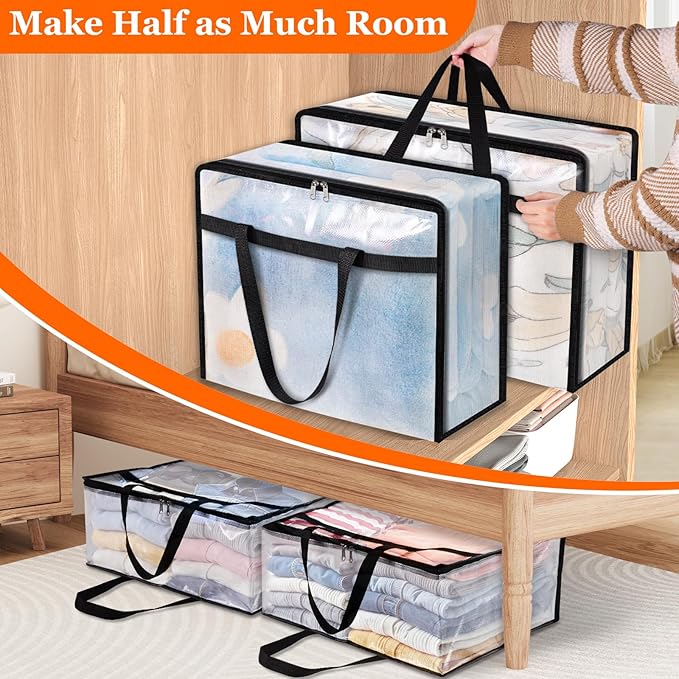 TasticTotes 8 Pack Clear Storage Bags for Comforter, Clothes & Bedding, Plastic Blanket Storage with Zipper and Handle, Moving Bags, Closet Organizer and Under-Bed Storage (90L)