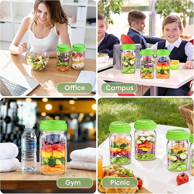 6 Pack Glass Salad Container for Lunch, Salad Jars with Two Dressing Cup for Wet/Dry Separation, Salad Mason Jars with Handle, Leak-proof Meal Prep Containers for Home, Office and Outdoor Use