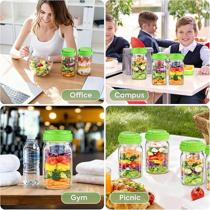 6 Pack Glass Salad Container for Lunch, Salad Jars with Two Dressing Cup for Wet/Dry Separation, Salad Mason Jars with Handle, Leak-proof Meal Prep Containers for Home, Office and Outdoor Use