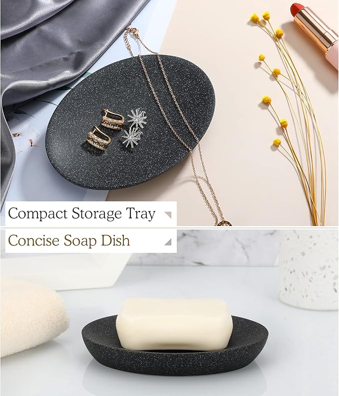 Luxspire Soap Dish 2 Packs, Resin Soap Tray Soap Holder Container Box, Marble Pattern Oval Soap Plate Case, Sponge Dish Scrubbers Tray Holder for Bathroom Vanity Shower Kitchen Sink, Gravel Black