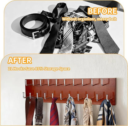 Belt Organizer Holder Wooden Belt Hanger for Closet Wall Mount Belt Storage Rack Tie Bra Scarf Hanger Holds Over 40 Large Belts (Brown)