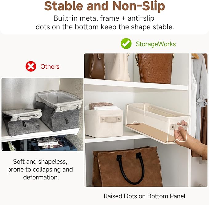 StorageWorks Narrow Storage Bins, Small Basket for Closet and Shelves, Fabric Closet Organizer Storage Bins with Handles, Toilet Paper Storage Baskets, Beige, Cool Cotton, 2-Pack