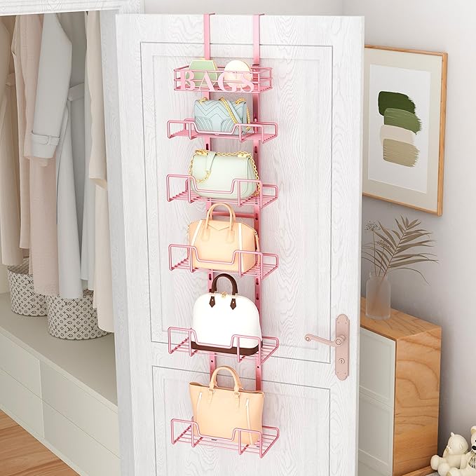 HapiRm Over Door Purse Organizer - Adjustable Purse Storage Rack with Bags Design Metal Basket, Wall Mounted Handbag Organizer, Hanging Handbag Holder, Can Use As 1/2 Part Detachable