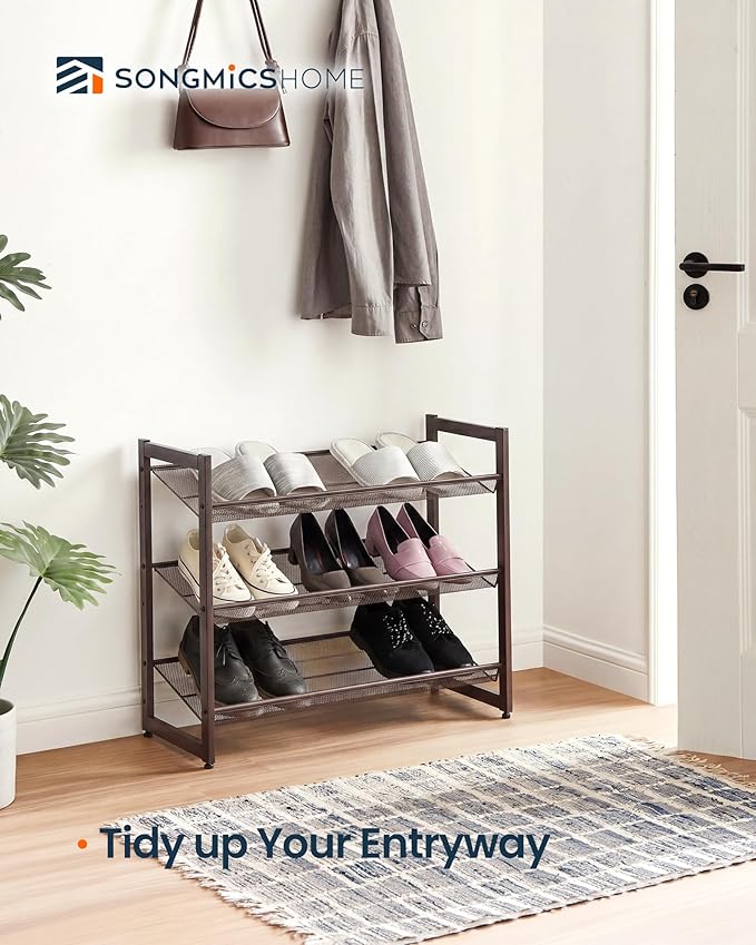 SONGMICS HOME 3-Tier Stackable Shoe Rack, Metal Shoe Organizer for Closet, Entryway, Garage, Flat or Slanted Mesh Shelves, Brown