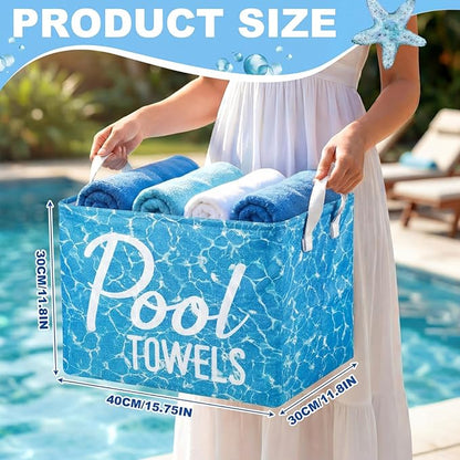 Yungyan Pool Towel Storage Basket Bin and Organizer Large Pool Towel Storage Basket Waterproof Canvas Cube with Handle Beach Gift for Outdoor Summer Seaside Home Clothes Books Toys Organization, Blue