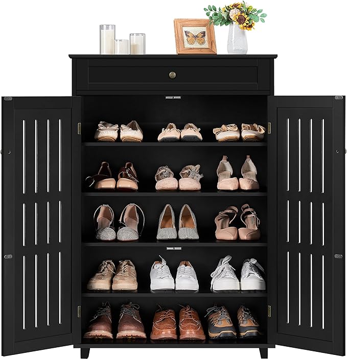 Topeakmart Shoe Rack Storage Cabinet Shelf 5 Tier Adjustable Shoes Organizer with Drawer Louvered Door for Entryway Hallway Furniture Living Room Black