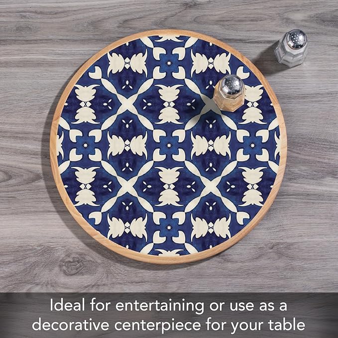 CounterArt Decorative Round Natural Wood Lazy Susan Turntable 14" Diameter Condiment Caddy, Cheese Server, Cake Plate, Spice Organization (Blue & White)
