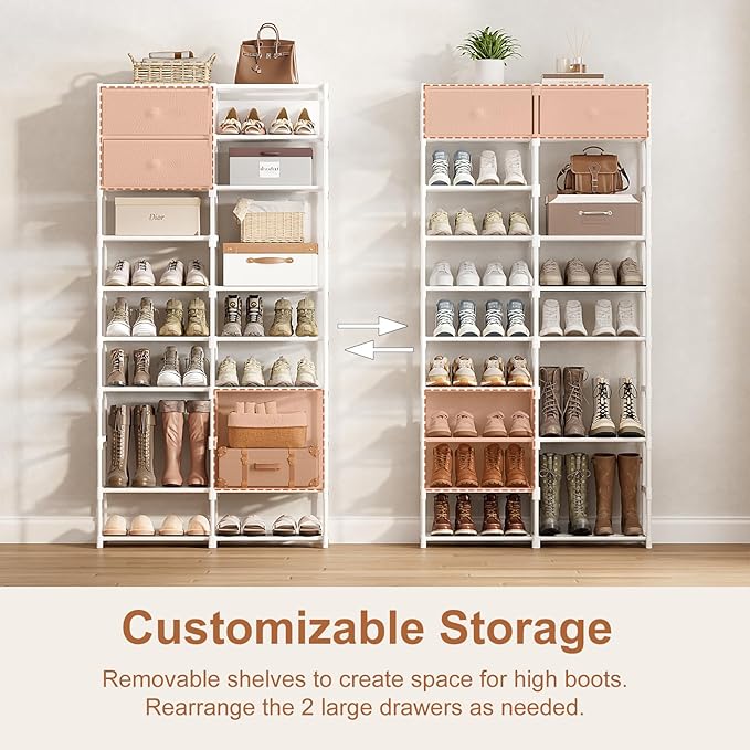 Tall Shoe Rack, 10 Tier Shoe Rack Organizer with 2 Large Drawers, Shoe Storage for 36-40 Pairs, Sturdy Metal Shoe Shelf Shoe Stand for Closet Entryway, White