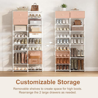 Tall Shoe Rack, 10 Tier Shoe Rack Organizer with 2 Large Drawers, Shoe Storage for 36-40 Pairs, Sturdy Metal Shoe Shelf Shoe Stand for Closet Entryway, White