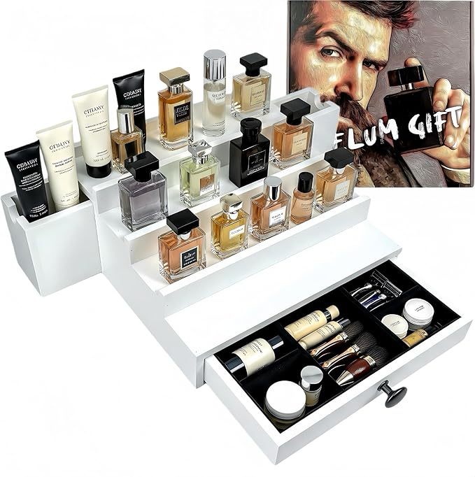 Wooden Cologne Organizer for Men 4 Tier | White Perfume Holder Shelf for Dresser | High Grade Velvet Lining and Stylish Gift Box | Uncluttered Design Perfume Display Stand