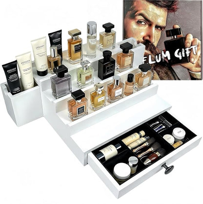 Wooden Cologne Organizer for Men 4 Tier | White Perfume Holder Shelf for Dresser | High Grade Velvet Lining and Stylish Gift Box | Uncluttered Design Perfume Display Stand