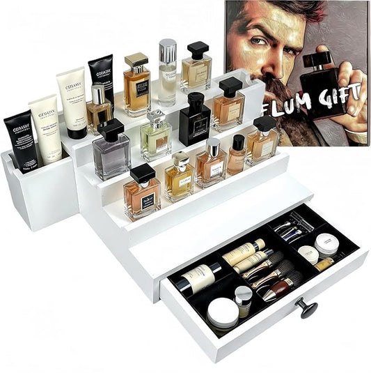 Wooden Cologne Organizer for Men 4 Tier | White Perfume Holder Shelf for Dresser | High Grade Velvet Lining and Stylish Gift Box | Uncluttered Design Perfume Display Stand
