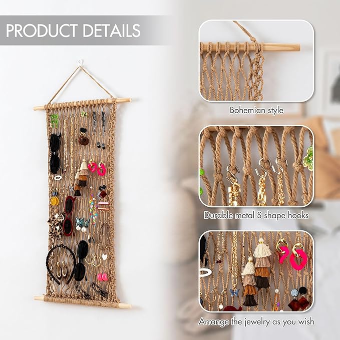 Pretty Jolly Hanging Jewelry Mesh Organizer Macrame Wall Mounted Necklaces Storage Earring Display Rack Girls Hair Clips Hanger with 20 Pieces S Shape Hooks for Bracelets,Necklace and Rings(Twine)