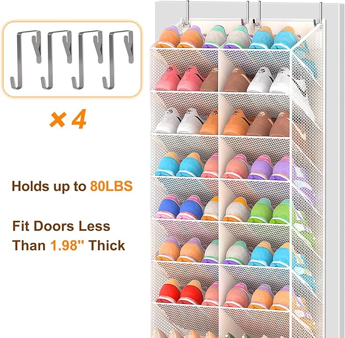 UVIAHOMI 20-30 Pairs Over the Door Shoe Organizer, Breathable Pocket Hanging Shoe Storage for Closet, 10-Tier Door Shoes Rack, Handing Shoes Holder Fit All the Family's Sneakers, Boots, Heels, Beige