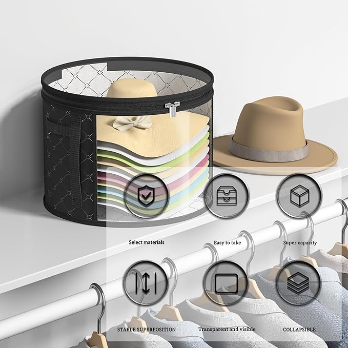 Veki 2pack Clear Hat Organizer for Closet, Hat Boxes for Women Storage With Dustproof Lids, Hat Box for Travel and Storage, Cowboy Hat, Stackable Round Brim Hats Organizer Bag Container (Black)