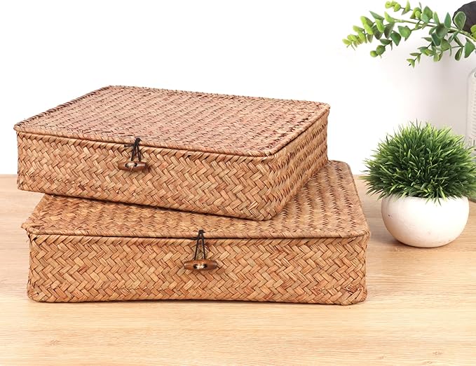Moosky Flat Wicker Shelf Baskets with Lid, Handwoven Seagrass Basket Boxes for Storage Baskets Bins Home Decor Organizer (Coffee Large)