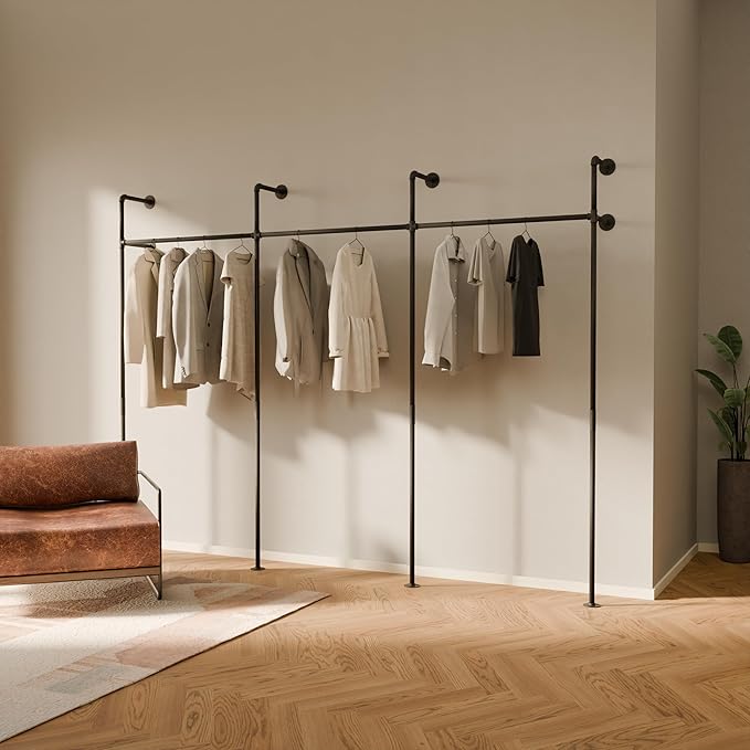 pamo Wall Mounted Pipe Clothing Rack – Industrial Closet System in Black Powder-Coated Steel – 117" W × 87" H, 750 lbs – Walk-In Closet & Retail