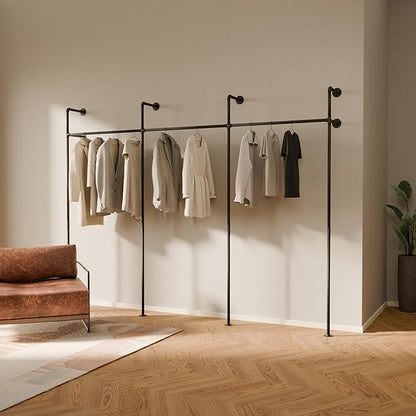 pamo Wall Mounted Pipe Clothing Rack – Industrial Closet System in Black Powder-Coated Steel – 117" W × 87" H, 750 lbs – Walk-In Closet & Retail