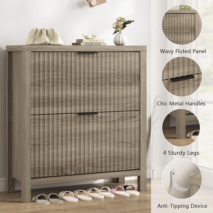 YOMILUVE Shoe Cabinet Storage for Entryway, Fluted Shoe Cabinet with 2 Flip Drawers, Hidden Shoe Rack Tall Freestanding Shoe Organizer with Legs for Hallway, Gray
