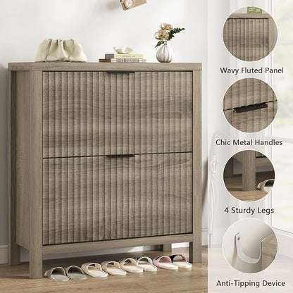 YOMILUVE Shoe Cabinet Storage for Entryway, Fluted Shoe Cabinet with 2 Flip Drawers, Hidden Shoe Rack Tall Freestanding Shoe Organizer with Legs for Hallway, Gray